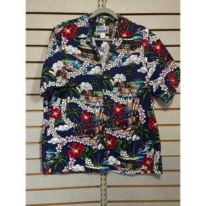 RJC‎ Ltd Mens Hawaiian Shirt Large Blue Woodie Car Surfboard Made in USA Aloha
